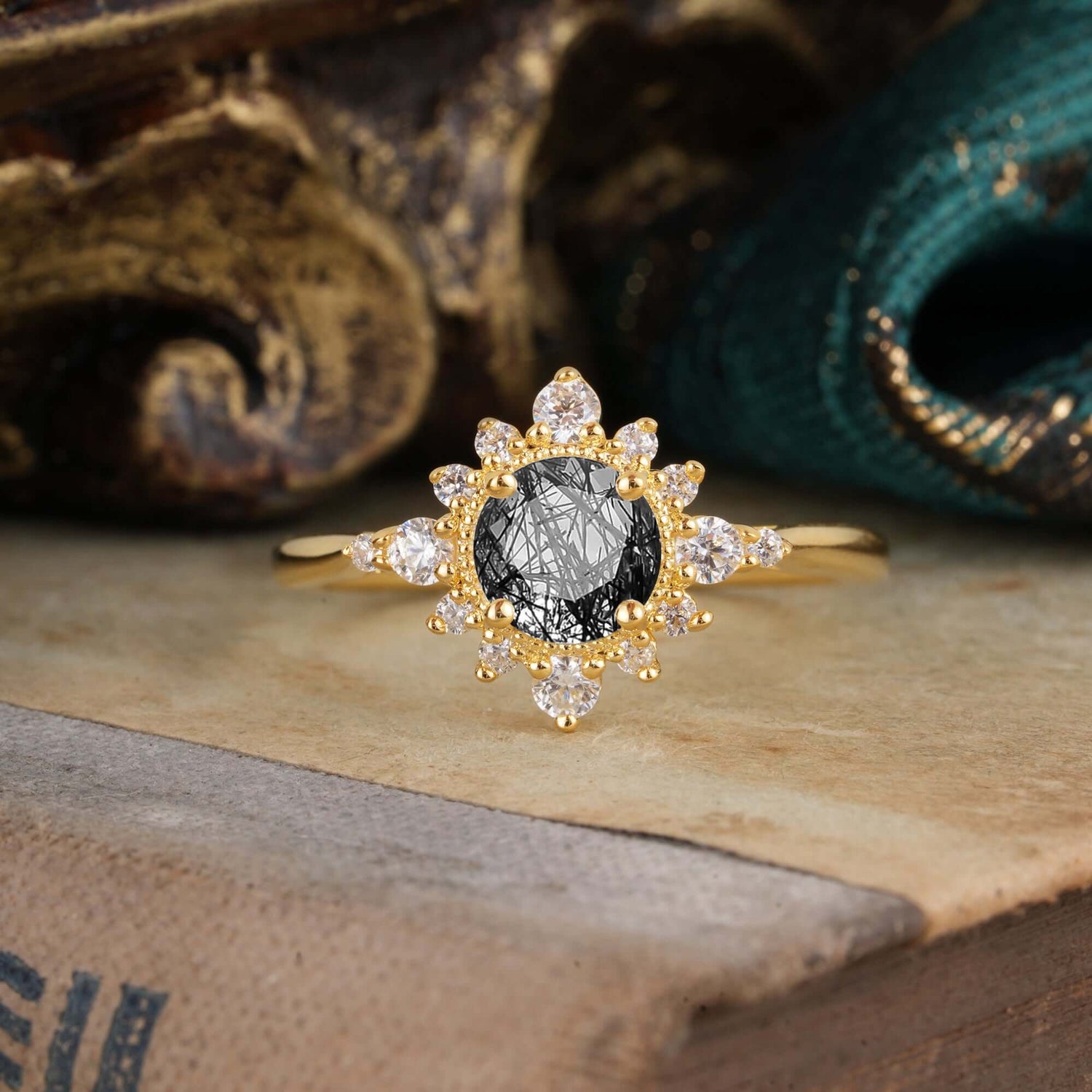 Classic 4 Prong Round Cut Cluster Black Rutilated Quartz Flower Engagement Ring