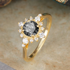 Vintage Round Cut Cluster Black Rutilated Quartz Wedding Ring Flower Engagement Ring
