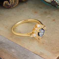 Vintage Round Cut Cluster Black Rutilated Quartz Wedding Ring Flower Engagement Ring