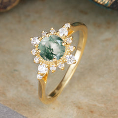 Vintage Round Cut Cluster Moss Agate Wedding Ring Flower Engagement Ring