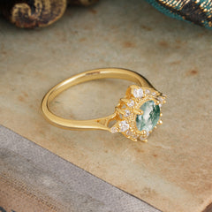 Vintage Round Cut Cluster Moss Agate Wedding Ring Flower Engagement Ring