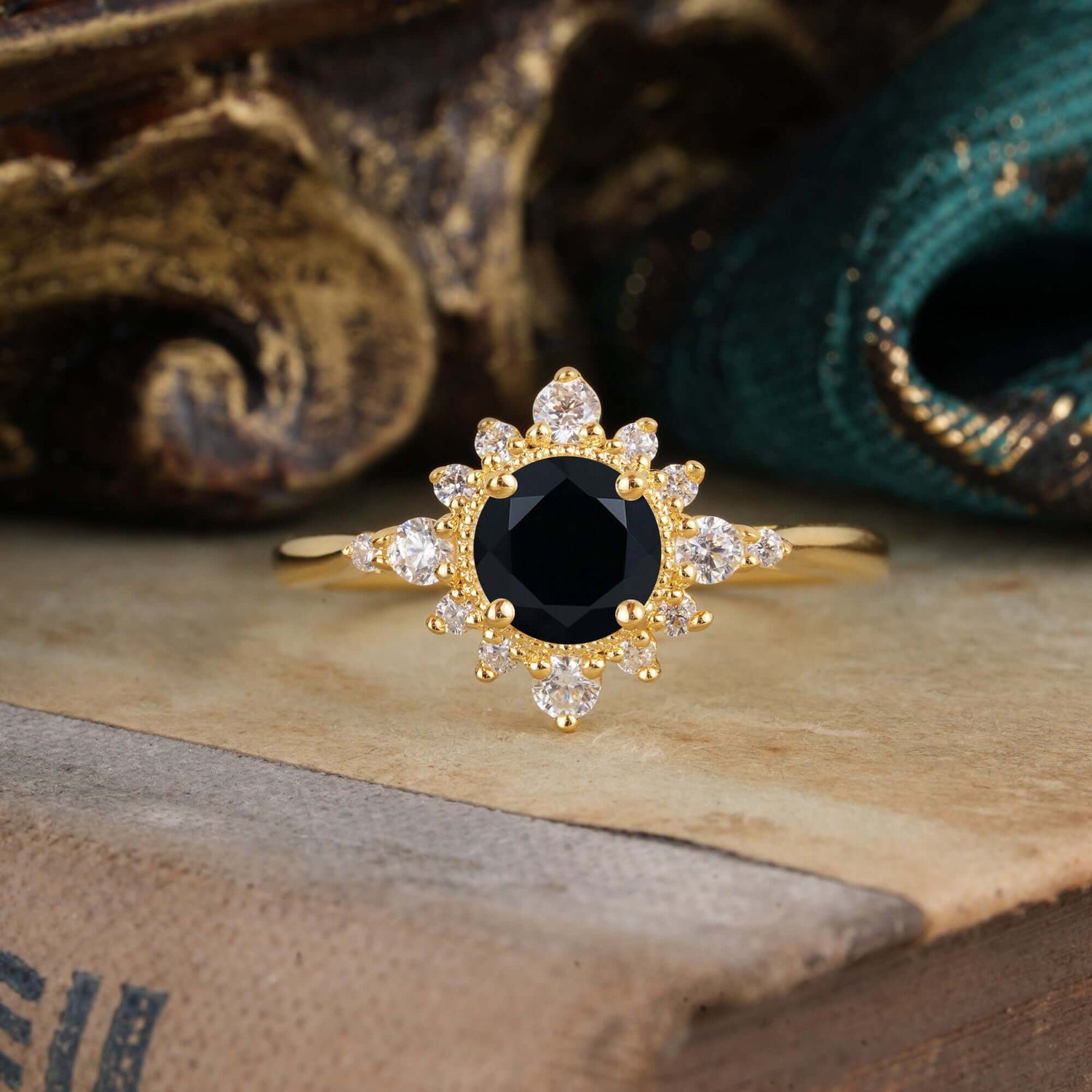 Classic 4 Prong Round Cut Cluster Black Onyx Flower Engagement Ring