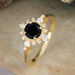 Vintage Round Cut Cluster Black Onyx Wedding Ring Flower Engagement Ring