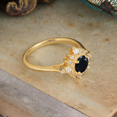 Vintage Round Cut Cluster Black Onyx Wedding Ring Flower Engagement Ring