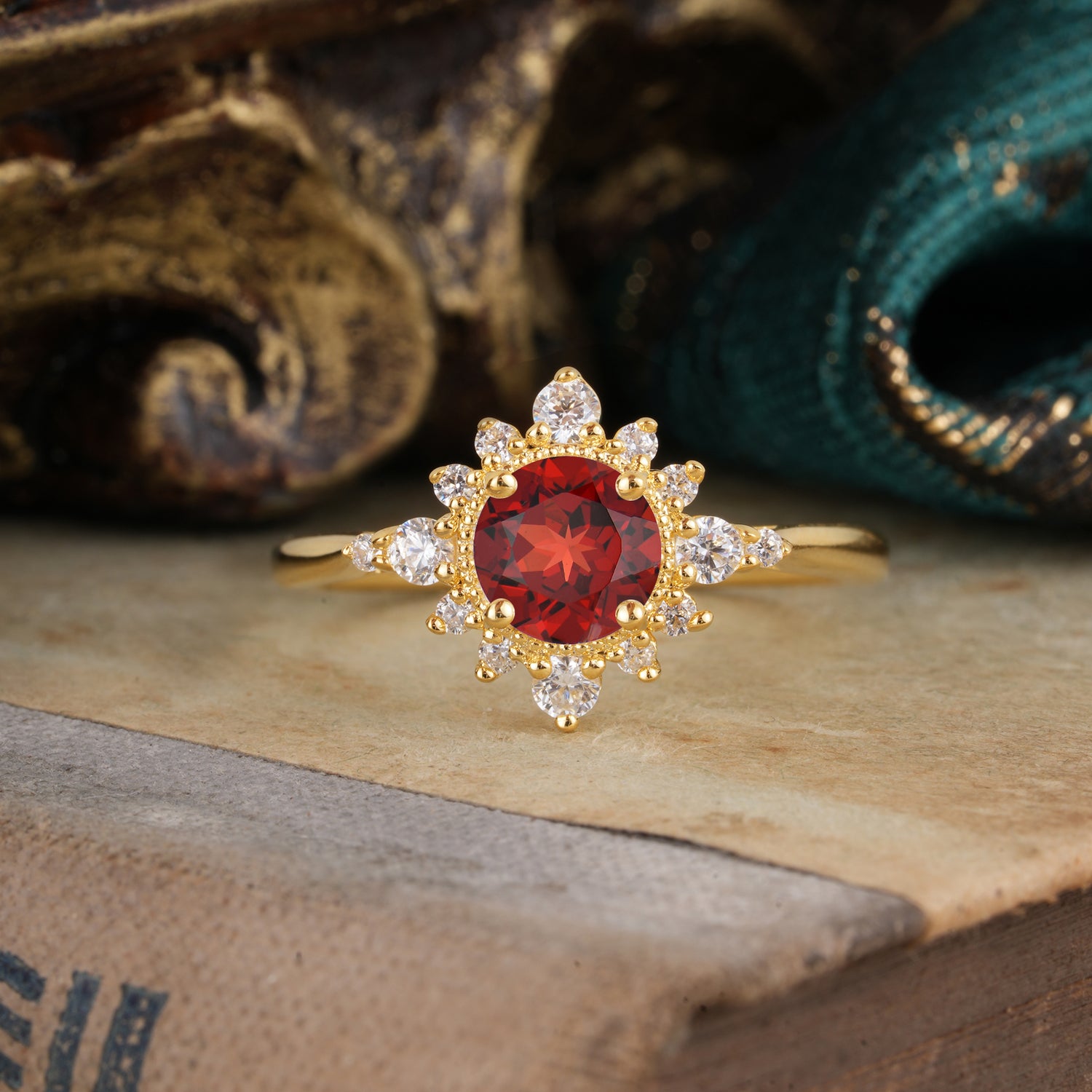 Classic 4 Prong Round Cut Cluster Garnet Flower Engagement Ring