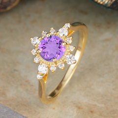 Vintage Round Cut Cluster Amethyst Wedding Ring Flower Engagement Ring