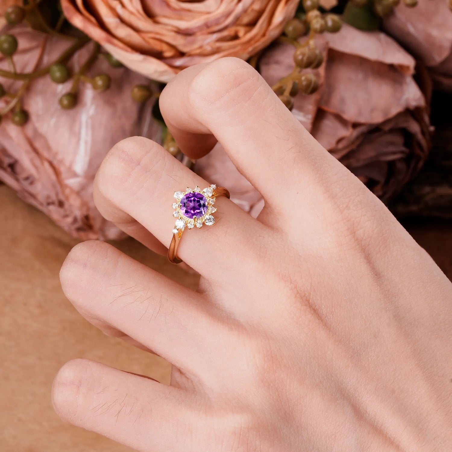 Classic 4 Prong Round Cut Cluster Amethyst Flower Engagement Ring