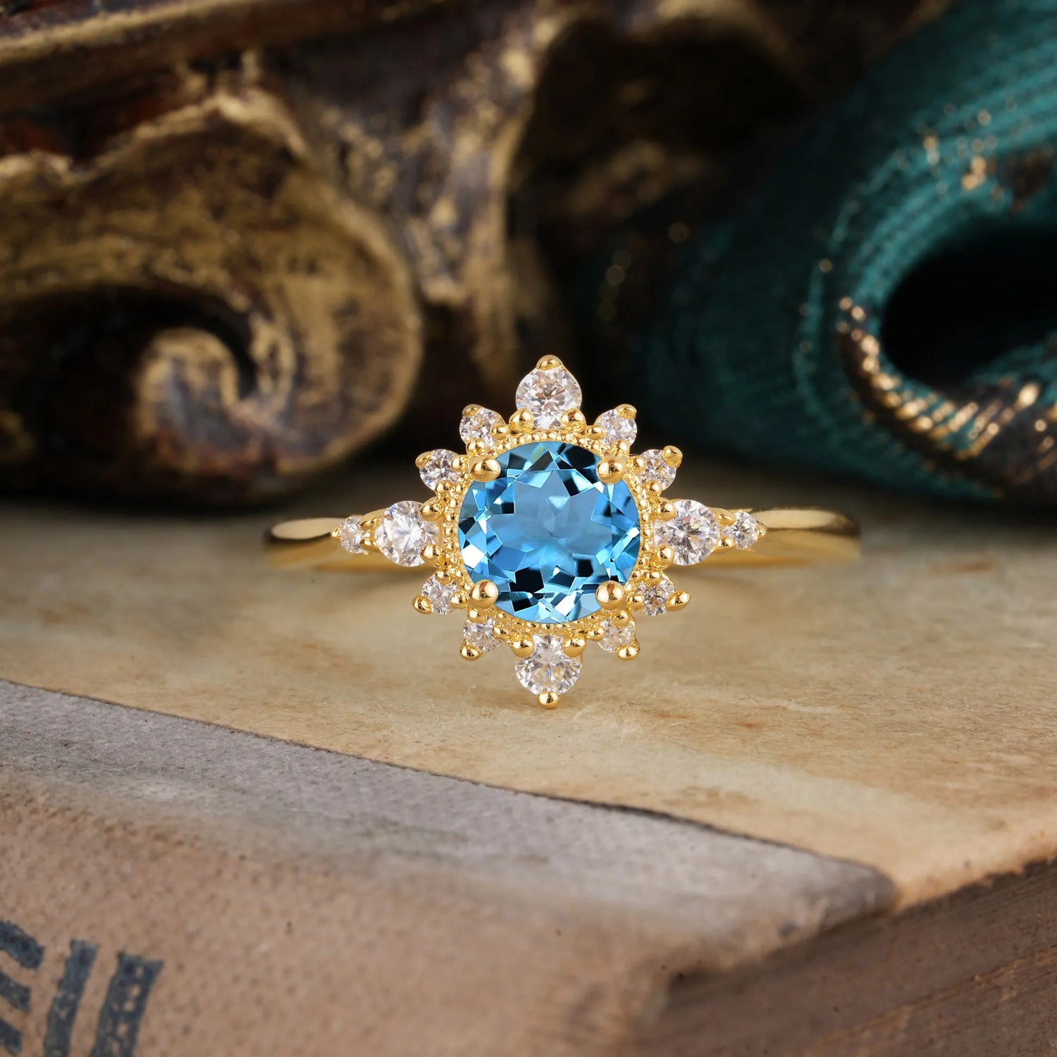 Classic 4 Prong Round Cut Cluster Aquamarine Flower Engagement Ring