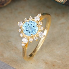 Vintage Round Cut Cluster Aquamarine Wedding Ring Flower Engagement Ring