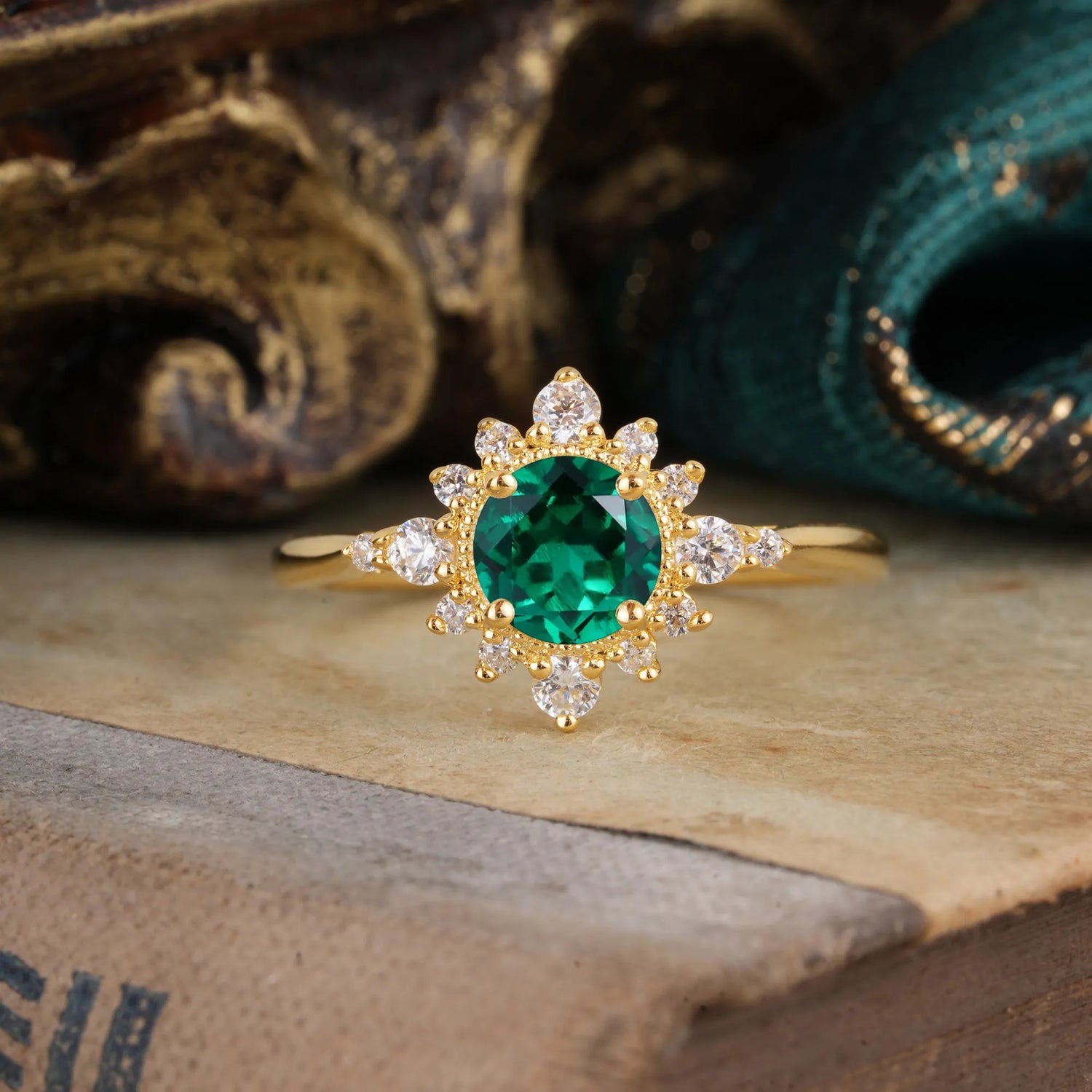 Classic 4 Prong Round Cut Cluster Emerald Flower Engagement Ring