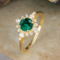 Vintage Round Cut Cluster Emerald Wedding Ring Flower Engagement Ring