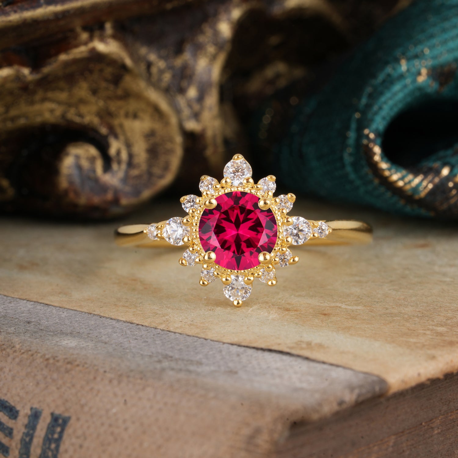 Classic 4 Prong Round Cut Cluster Ruby Flower Engagement Ring