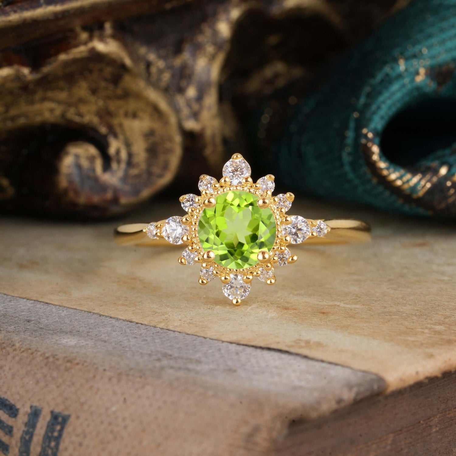 Classic Round Cut Cluster Peridot Flower Engagement Ring