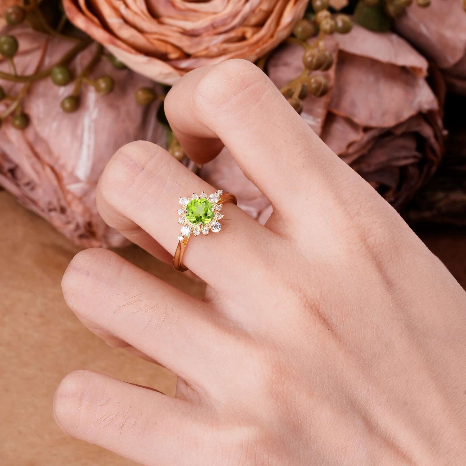 Classic Round Cut Cluster Peridot Flower Engagement Ring
