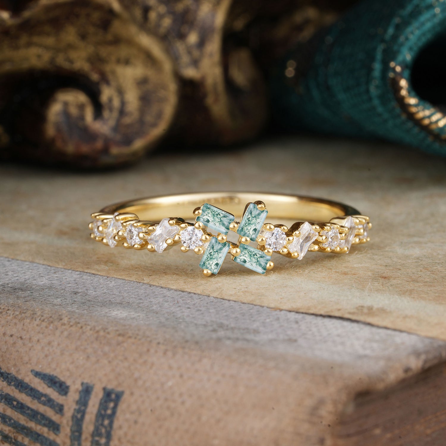 Half Eternity Straight Wedding Band Cluster Natural Moss Agate Stacking Ring
