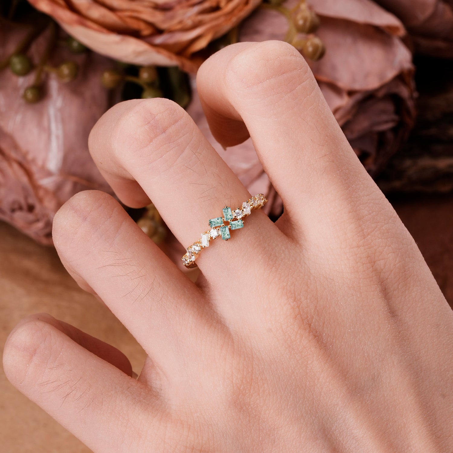 Half Eternity Straight Wedding Band Cluster Natural Moss Agate Stacking Ring