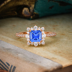 1.2 Carat Princess Cut Sapphire Engagement Ring | 4 Prong Setting | Pave & Halo Design