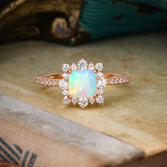 Princess Cut 1.2 Carat Opal Pave Ring Halo Engagement Ring