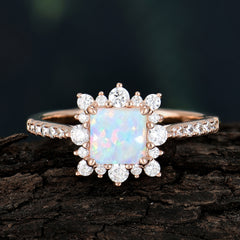 Princess Cut 1.2 Carat Opal Pave Ring Halo Engagement Ring