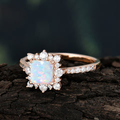 Princess Cut 1.2 Carat Opal Pave Ring Halo Engagement Ring