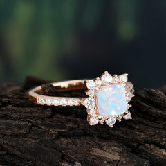 Princess Cut 1.2 Carat Opal Pave Ring Halo Engagement Ring