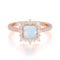 Princess Cut 1.2 Carat Opal Pave Ring Halo Engagement Ring