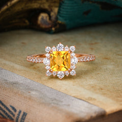Princess Cut 1.2 Carat Citrine Pave Ring Halo Engagement Ring