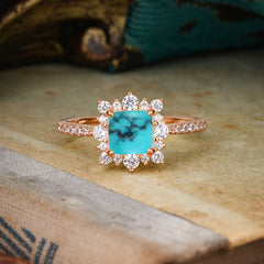 Princess Cut 1.2 Carat Turquoise Pave Ring Halo Engagement Ring