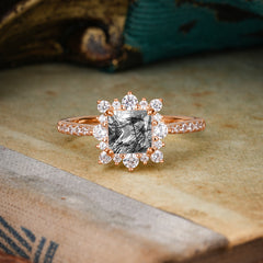 Princess Cut 1.2 Carat Black Rutilated Quartz Pave Ring Halo Engagement Ring