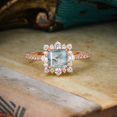 Princess Cut 1.2 Carat Moss Agate Pave Ring Halo Engagement Ring