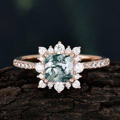 Princess Cut 1.2 Carat Moss Agate Pave Ring Halo Engagement Ring