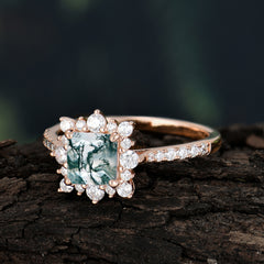 Princess Cut 1.2 Carat Moss Agate Pave Ring Halo Engagement Ring