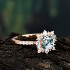 Princess Cut 1.2 Carat Moss Agate Pave Ring Halo Engagement Ring