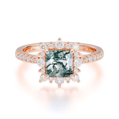 Princess Cut 1.2 Carat Moss Agate Pave Ring Halo Engagement Ring