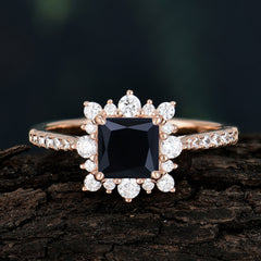 Princess Cut 1.2 Carat Black Onyx Pave Ring Halo Engagement Ring
