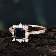 Princess Cut 1.2 Carat Black Onyx Pave Ring Halo Engagement Ring