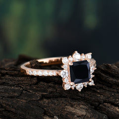 Princess Cut 1.2 Carat Black Onyx Pave Ring Halo Engagement Ring