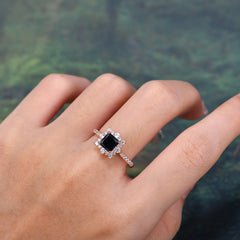 Princess Cut 1.2 Carat Black Onyx Pave Ring Halo Engagement Ring