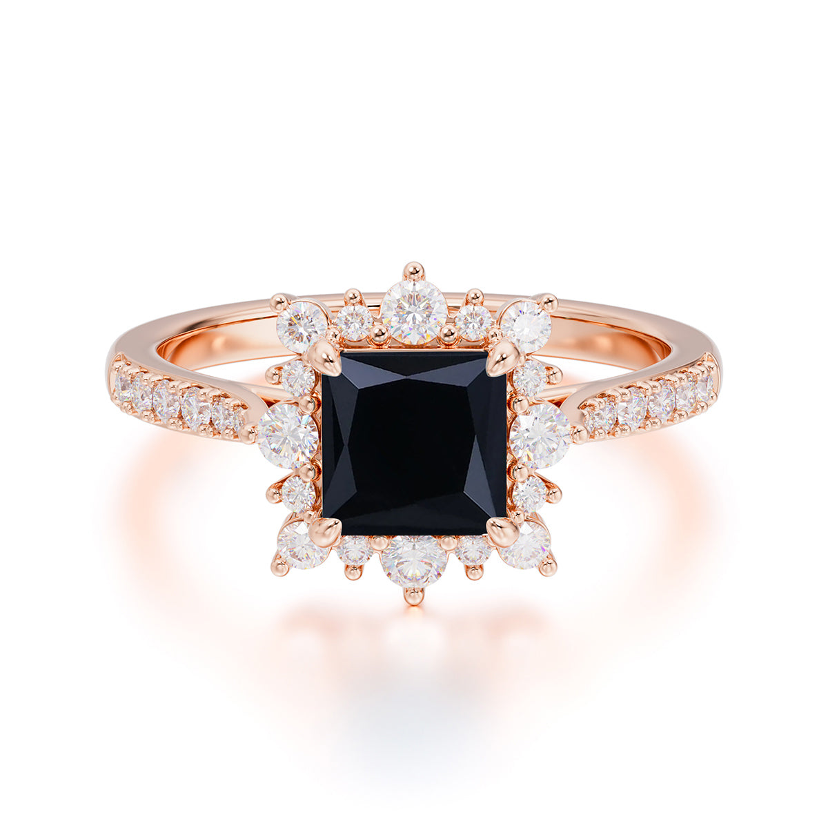 Princess Cut 1.2 Carat Black Onyx Pave Ring Halo Engagement Ring