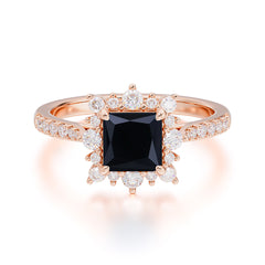 Princess Cut 1.2 Carat Black Onyx Pave Ring Halo Engagement Ring