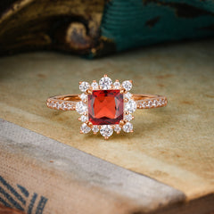 Princess Cut 1.2 Carat Garnet Pave Ring Halo Engagement Ring