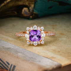 Princess Cut 1.2 Carat Amethyst Pave Ring Halo Engagement Ring