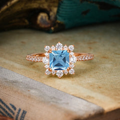 Princess Cut 1.2 Carat Aquamarine Pave Ring Halo Engagement Ring