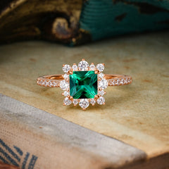 Princess Cut 1.2 Carat Emerald Pave Ring Halo Engagement Ring