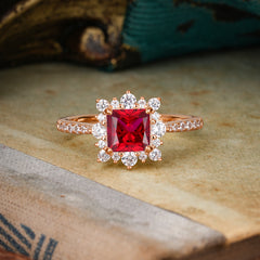 Princess Cut 1.2 Carat Ruby Pave Ring Halo Engagement Ring