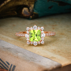 Princess Cut 1.2 Carat Moss Agate Pave Ring Halo Engagement Ring