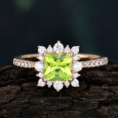 Princess Cut 1.2 Carat Peridot Pave Ring Halo Engagement Ring