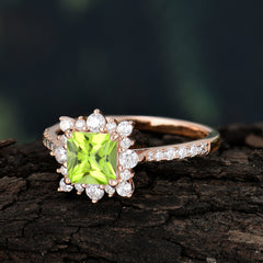 Princess Cut 1.2 Carat Peridot Pave Ring Halo Engagement Ring