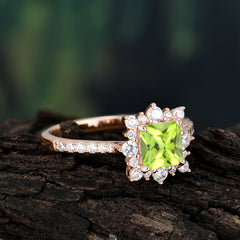 Princess Cut 1.2 Carat Peridot Pave Ring Halo Engagement Ring