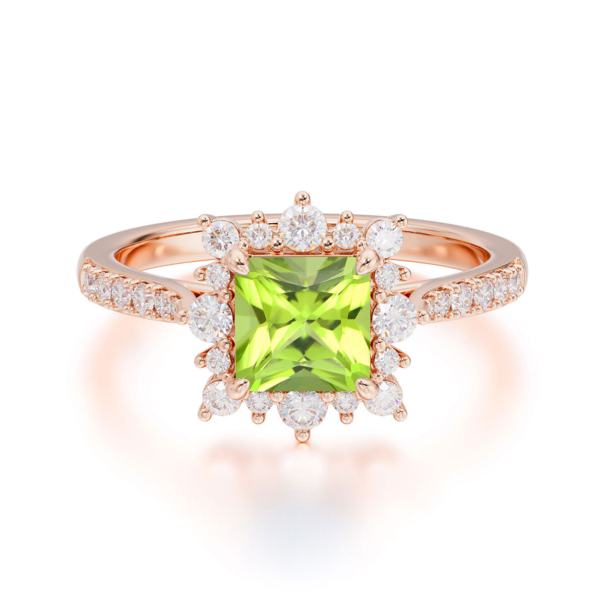 Princess Cut 1.2 Carat Peridot Pave Ring Halo Engagement Ring